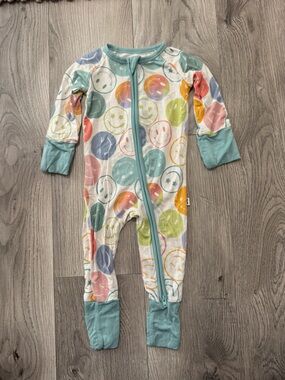 Little Sleepies Multicolor Smiley Print One-Piece with Aqua Trim